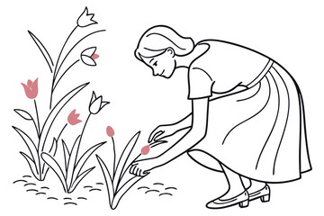Minimal Woman Flower Picking Sketch
