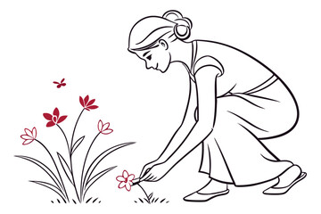Woman Picking Flowers Line Drawing