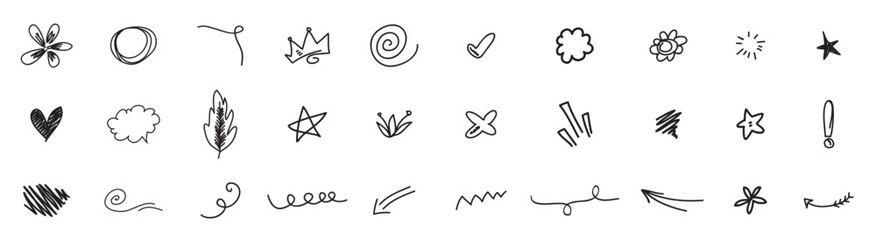 Abstract arrows ribbons fireworks hearts lightning love. Handwritten set of different emoticons. Heart, crown, arrows, arrows, underlines, lightning, flower, love crowns and other elements, Vector ill