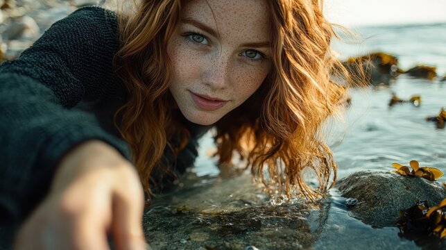 Tidepool textures featuring explorer at water's edge, wavy hair, freckled skin, warm sunlight, natural coastal setting, sea life background