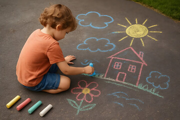 Young child drawing with chalk on pavement in a sunny outdoor setting