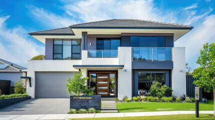 Stylish exterior of a modern house in a suburban setting stock photo --ar 16:9 --raw --v 6 Job ID: 6a80917a-5b82-4708-963d-d016ecc1bd77