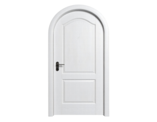 White arched wooden door with black handle and classic panel design