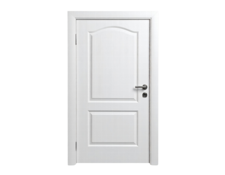White wooden door with metal handle and lock, clean and simple design