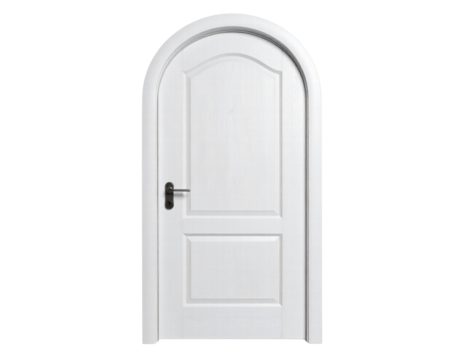 White arched wooden door with black handle and classic panel design