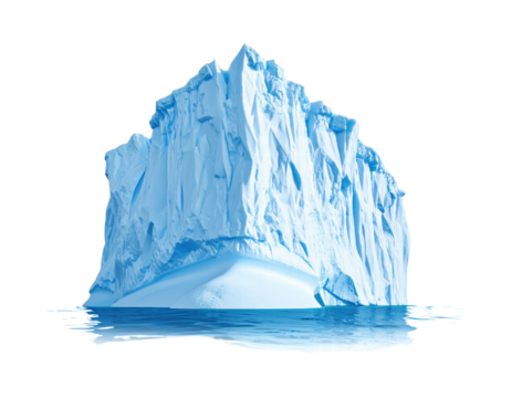 Iceberg floating in cold water with bright blue ice and sharp edges
