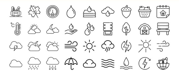 Collection of Black Line Icons Weather Nature Farm Objects