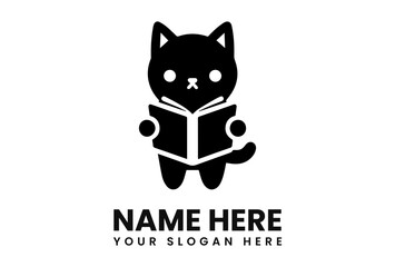 Stylized black cat reading a book, logo concept on white background.