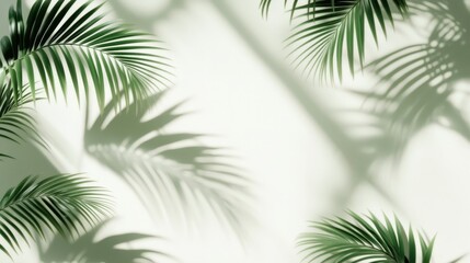 Green palm leaves casting soft shadows on a light background create a serene and natural aesthetic.