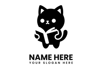 Black cat cartoon character reading a book, with text "NAME HERE" and "YOUR SLOGAN HERE" below.