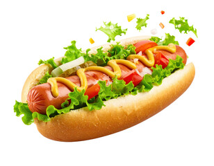 Hot dog with fresh lettuce, tomato, onion, pickle, and mustard in soft bun