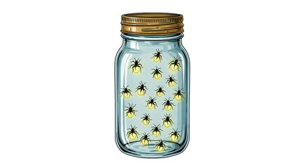 Illustration of a glass container filled with glowing insects against a transparent background. The container has a metal lid. The insects are scattered inside the container.