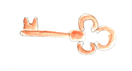 Antique Key. Watercolor illustration, hand drawn modern freehand new