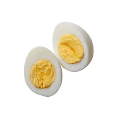Two halves of a boiled egg on a white isolated background, showcasing the creamy yellow yolk and smooth white texture, perfect for culinary presentations and health-related themes.