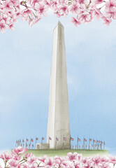 Washington Monument in Washington, D.C. National Cherry Blossom Festival. Frame with pink flowers. Watercolor illustration, hand drawing. Sketch. Template for a postcard or souvenir.