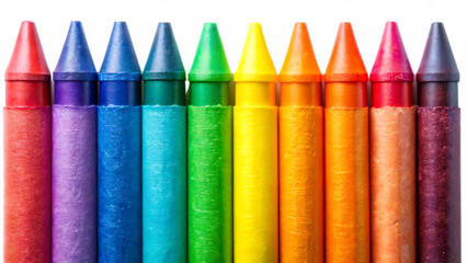 Row of Colorful Wax Crayons Red Orange Yellow Green Blue Purple Teal Brown Arranged in a Line isolated on a transparent background