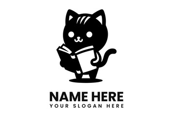 Cute black cartoon cat holding an open book, simple design, logo template.