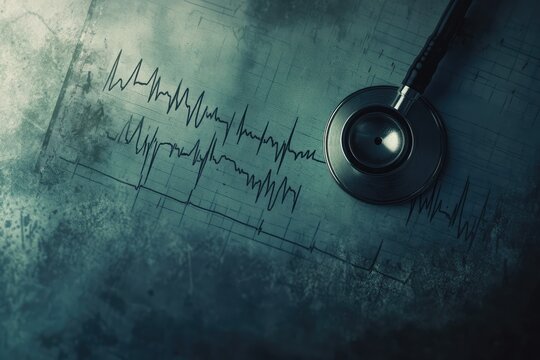 A stethoscope rests on an electrocardiogram, depicting a medical examination and patient's health status.