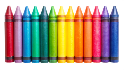 Row of vibrant wax crayons arranged in a rainbow color sequence red orange yellow green blue indigo violet showing textured surfaces and dark brown crayon caps isolated on a transparent background
