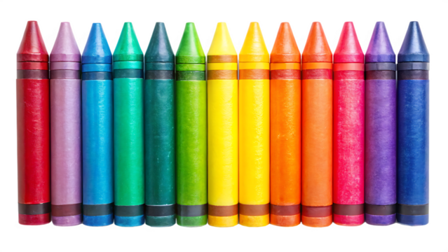 Row of vibrant wax crayons arranged in a rainbow color sequence red orange yellow green blue indigo violet showing textured surfaces and dark brown crayon caps isolated on a transparent background