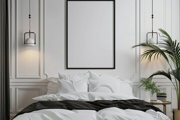 Vibrant Picture of a Framed Picture Hangs on a White Wall Above a Bed