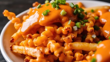 Close-up of Cheesy, Spiral-Cut French Fries with Creamy Orange Sauce