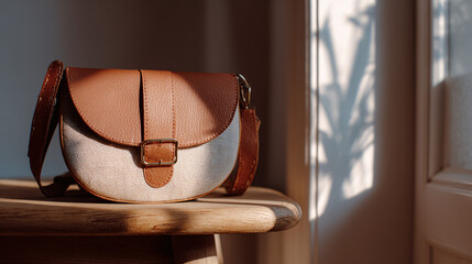 Two-Tone Leather and Canvas Shoulder Bag in Cozy Indoor Light