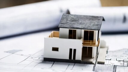 Model house construction plans showcased on architectural blueprints with detailed design elements