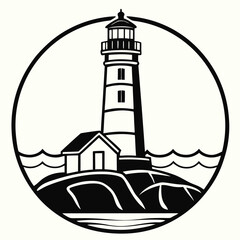 A black silhouette of a lighthouse on a rock by the sea is isolated on white background