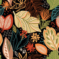 Autumn bright floral leaves seamless pattern. Cute hand drawn fall foliage, bold flowers on black repeat background, wallpaper. Tropical nature. Vector botanical textile design, print, wrapping paper.