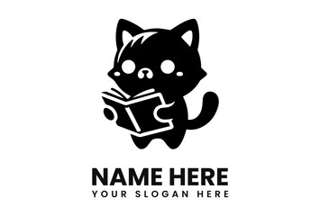 Adorable black cat engrossed in reading a book, a charming illustration perfect for a logo or brand.