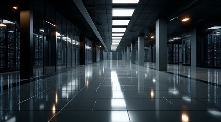 Server Room Interior with Shiny Floor and Server Racks