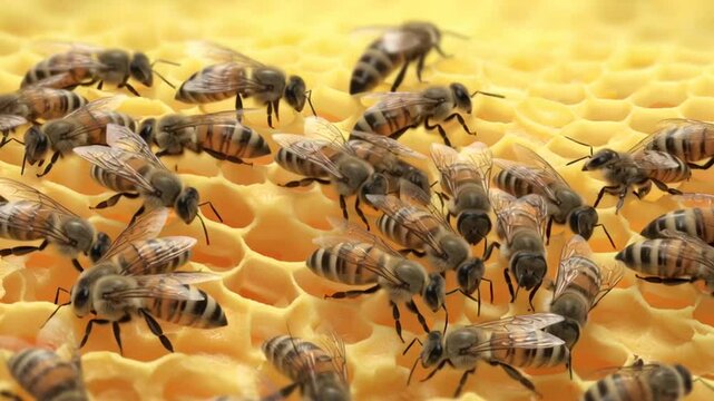 Honey Bees on Honeycomb. A cluster of bees working actively on a bright golden honeycomb