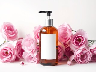 Elegant Amber Bottle with Pink Roses, Blank Label, Soft Lighting
