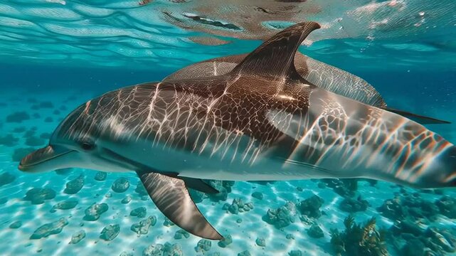 Dolphins Underwater. Two dolphins swimming gracefully in clear turquoise water
