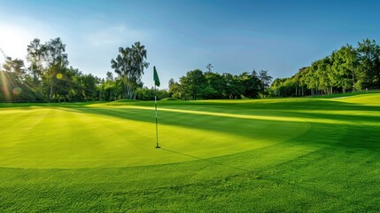 Empty golf course with flagstick on the green stock photo --ar 16:9 --raw --v 6 Job ID: b09ff8a7-843e-4152-8737-33cf0e44b4b2