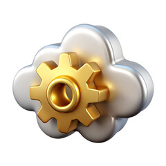 Creative 3D cloud icon made entirely from golden and silver mechanical gears, symbolizing cloud engineering or DevOps, ultra-detailed transparent background