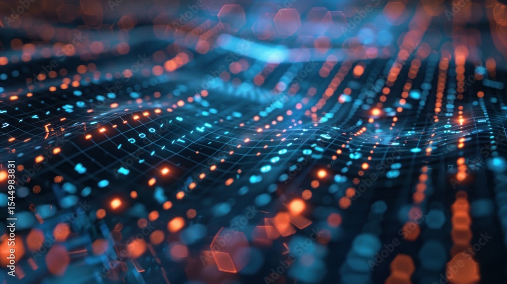 Poster tech grid with flowing data streams stock photo --ar 16:9 --raw --v 6 job id: 6f26e4b3-7c57-408c-b4c