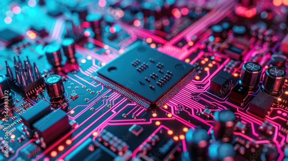 Poster digital data and circuits around a computer chip stock photo --ar 16:9 --raw --v 6 job id: ac0d120b-