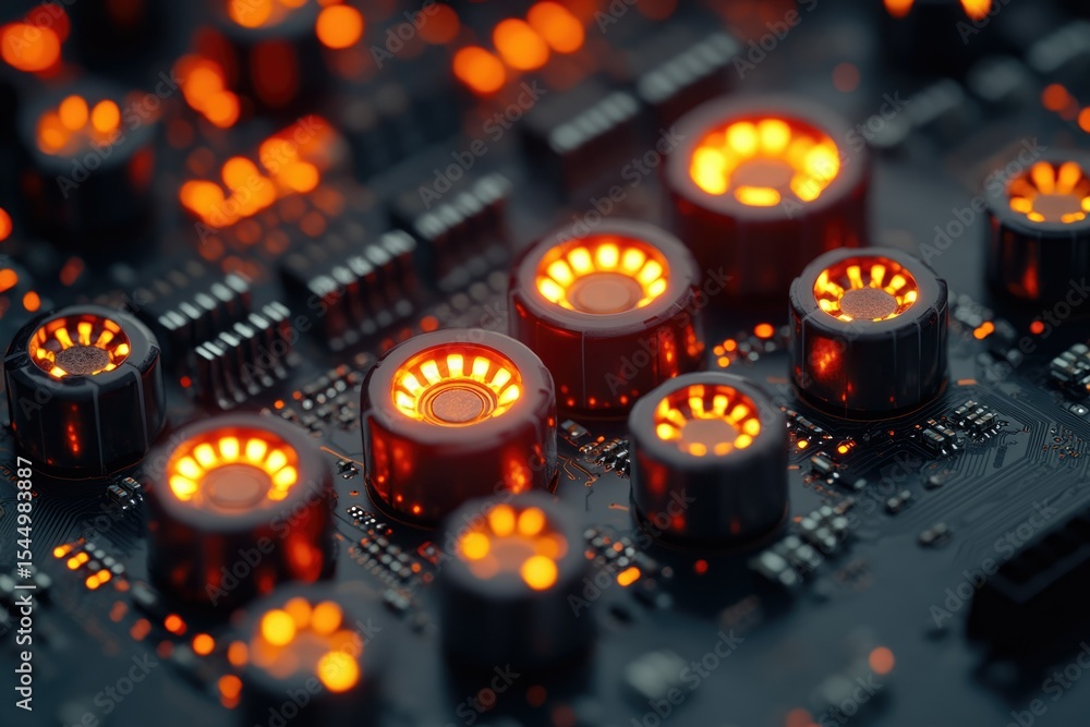 Poster close-up of a circuit board with glowing components, showcasing intricate technological details.