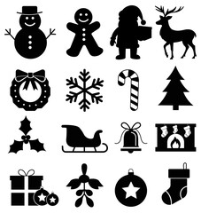 A collection of black silhouette christmas icons isolated on transparent background. Vector illustration.