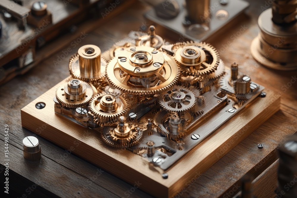 Poster intricate clockwork mechanism with brass gears and intricate details, showcasing precision engineeri