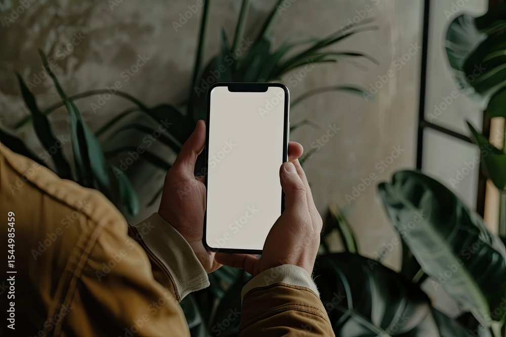 Poster high definition image of a man is using a smartphone with screen mockup
