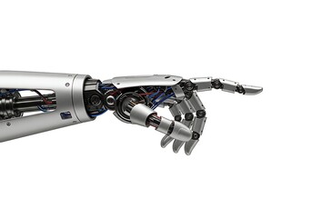 Robotic hand points a finger isolated on white background