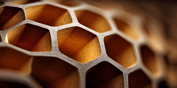 Geometric honeycomb paper structure viewed from an angle. Sharp focus on repeating hexagonal cells creates a dynamic pattern that softens into a beautiful bokeh.