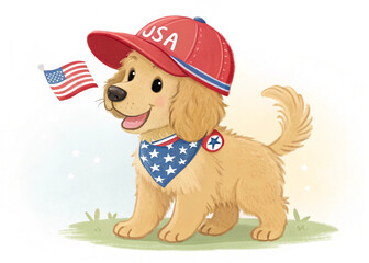 Cute USA-Themed Golden Retriever Puppy Illustration