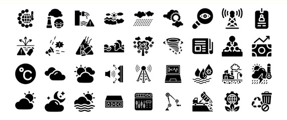 Black Glyph Icon Collection Environmental Issues Climate Change