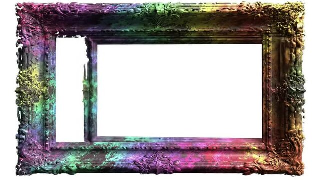 Artistic ornate picture frame adorned with a vibrant rainbow of paint splashes