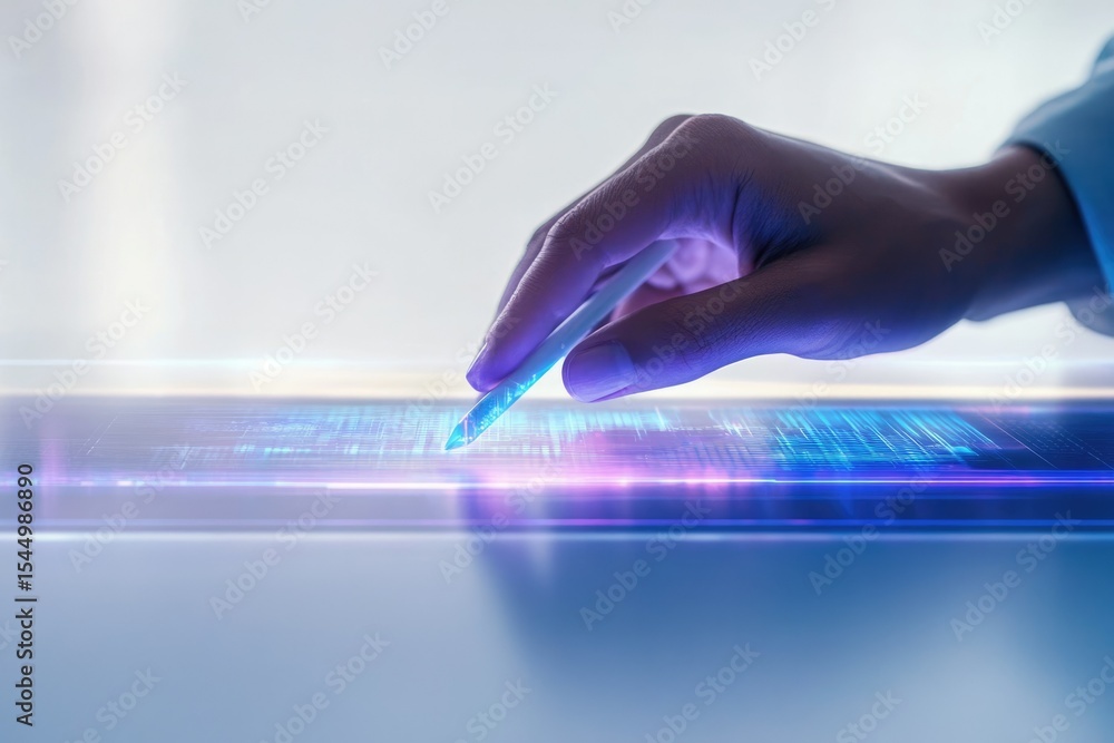 Aufkleber a hand uses a stylus on a digital tablet displaying glowing data streams, symbolizing modern technol
