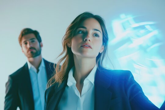 A businesswoman looks thoughtfully at a futuristic interface, a man in the background.